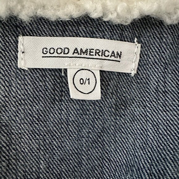 Good American Womens Trucker Blue Jacket Boyfriend Denim Sherpa Collar Size 0/1 - Picture 4 of 15